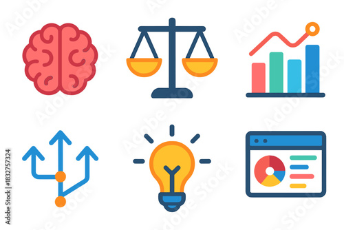 Strategic Decision Icons. Decision Intelligence flat icon set: brain icon, balance scale, data visualization, strategic arrows, lightbulb idea, dashboard chart