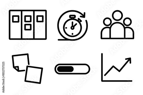 Agile Workflow Icons. Agile Workflow linear icon set: sprint board, stopwatch, team icon, graph, sticky notes, progress bar