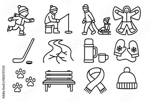 Winter Family Fun Icons. Family Ice Activities linear icon set: children skating, parent fishing, sled pull, snow angel, hockey stick, frozen lake path, thermos cup, mittens, dog