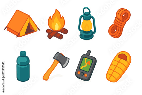Colorful Outdoor Gear Icons. Outdoor Equipment flat icons set. tent, campfire, lantern, rope, water bottle, axe, GPS device, sleeping bag