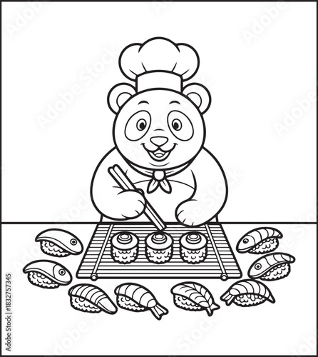 Cute panda chef making food in the kitchen black vector outline for children coloring page design traditional cooking book