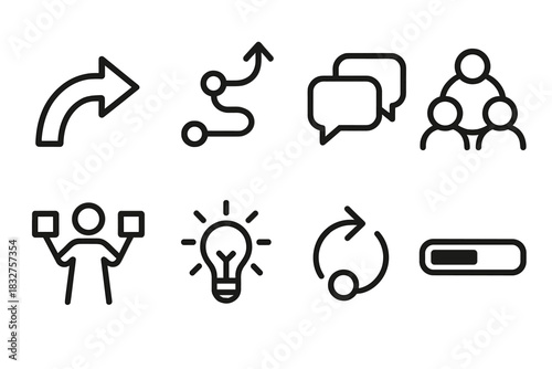 Dynamic Workplace Icons. Adaptive workplace behaviors elements linear icon set: flexible arrow, shifting path, multitasking icon, communication bubble, collaboration circle, idea