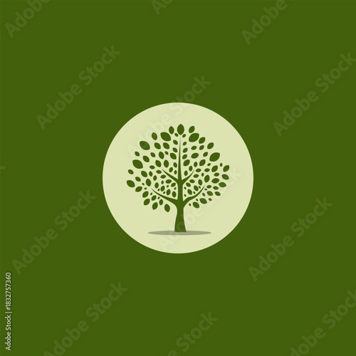 A symbolic illustration of a lush tree with a full canopy of leaves, enclosed within a circular frame, representing growth, nature, and the environment