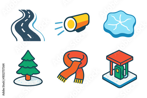 Winter Road Essentials. Snowy Road Journey flat icon set: winding highway, headlights, ice patch, pine tree, scarf, gas station