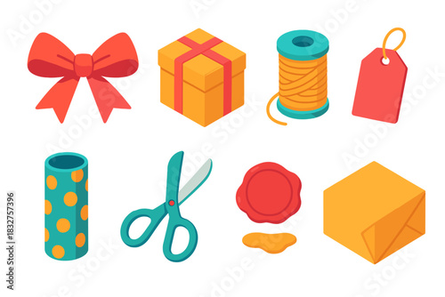 Colorful Gift Wrap Icons. Creative Gift Wraps flat icon set: ribbon bow, craft paper box, twine spool, gift tag, patterned wrapping paper, scissors, wax seal, folded corner