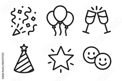 Celebration Icons Ensemble. Lively Atmosphere linear icon set : confetti swirl, balloon cluster, clinking glasses, party hat, shining star, smiling faces