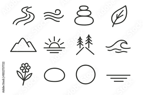 Natural Harmony Elements. Natural Harmony Elements Set linear icon set: flowing river, gentle breeze line, balanced stones, soft leaf, mountain silhouette, sunbeam, forest path