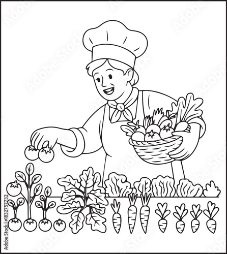 A cute chef collecting vegetables with basket black vector outline for children coloring page design traditional cooking book