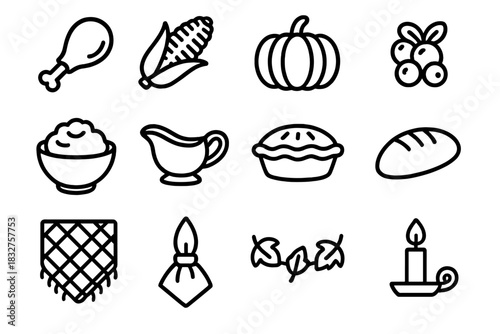 Harvest Feast Icons. Traditional Harvest Dinner linear icon set: turkey leg, corn cob, pumpkin, cranberries, mashed potatoes, gravy boat, pie, bread, tablecloth, napkin, leaf