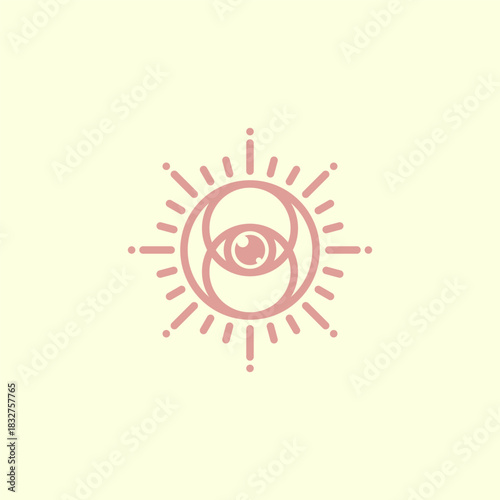 Mystical all-seeing eye symbol with sun rays, a spiritual emblem of cosmic vision and enlightenment in a minimalist line art style