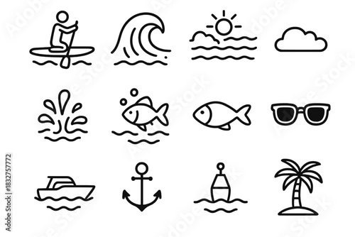 Ocean Icon Adventure. Water Adventure linear icon set. paddleboard, wave, ocean, sun, cloud, splash, fish, sunglasses, boat, anchor, buoy, palm tree
