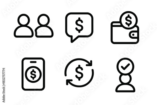 Digital Wallet Icons. Peer-to-Peer Payments linear icon set. user avatars, chat bubble, send money icon, digital wallet, instant transfer, payment confirmation