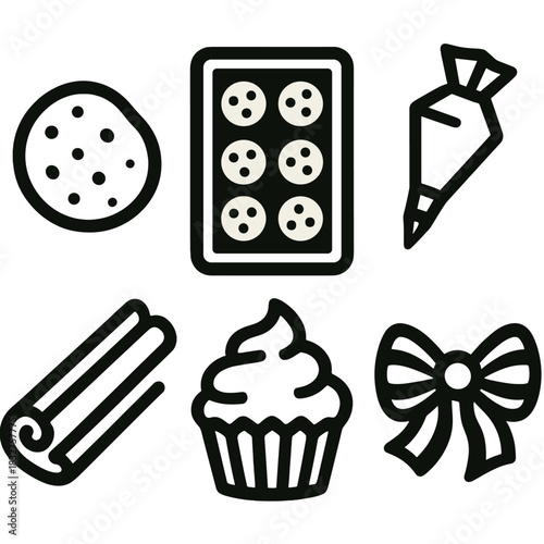 Winter Dessert Icons. Winter Confections silhouette icon set : dough ball, cookie tray, icing bag, cinnamon stick, cupcake, candy ribbon