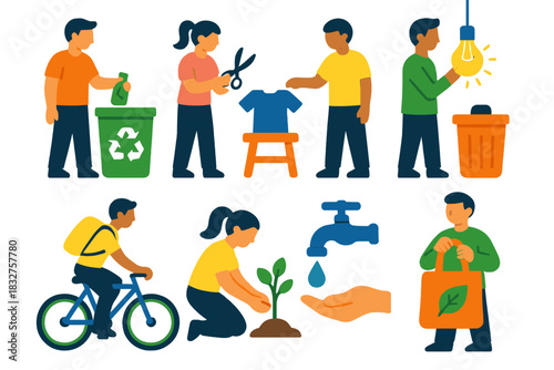 Eco-Friendly Icons. Environment-friendly practices actions flat icon set: recycling, upcycling, reducing waste, turning off lights, biking to work, planting trees, conserving water