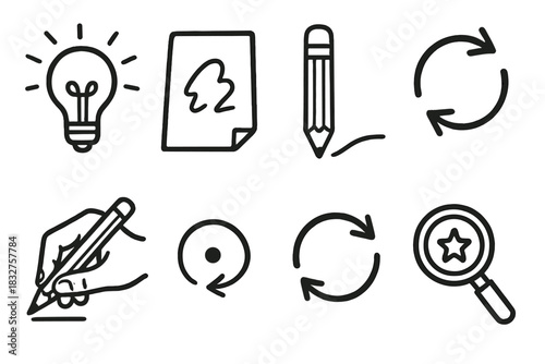Creative Design Icons. Creative Effort linear icon set: sketch line, idea spark, draft page, focused pencil, iteration arrows, crafting hand, detail dot, refinement loop