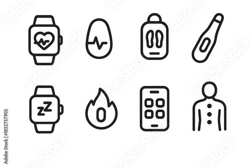 Wellness Wearable Icons. Wellness Wearables linear icon set. fitness watch, pulse sensor, step tracker, thermometer, sleep monitor, calorie icon, app, body chart