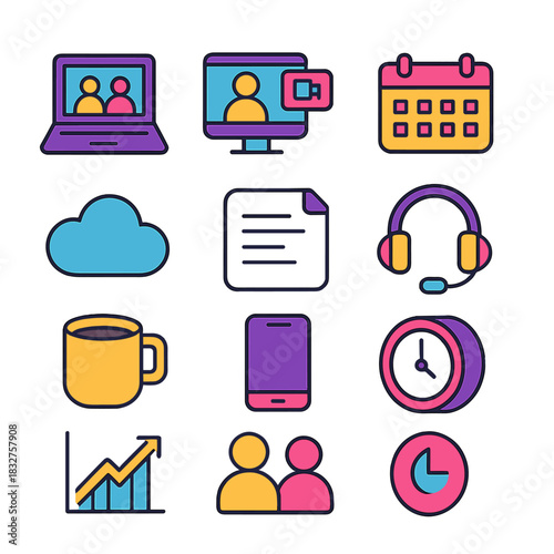 Isometric Collaboration Icons. Remote team collaboration flat icons set. laptop, video call, chat bubble, calendar, cloud, document, headset, smartphone, coffee mug, graph, people