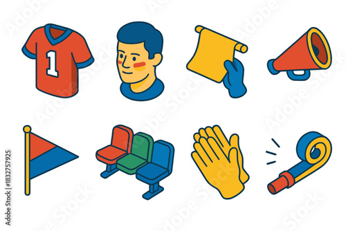 Super Bowl Icons. Super Bowl Sunday Team Spirit flat icons set. jersey, face paint, rally towel, megaphone, pennant flag, stadium seats, clapping hands, noise maker
