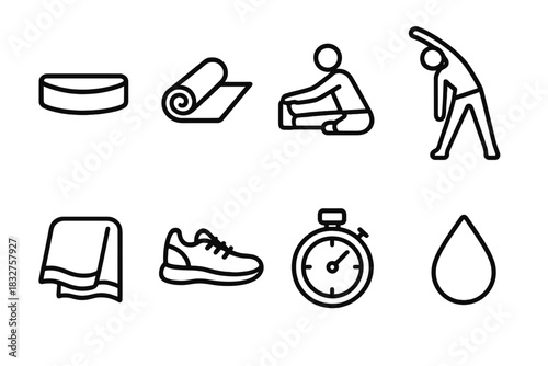 Exercise Icon Set. Warm-Up Stretch Set linear icon set. band, mat, leg stretch, arm reach, towel, shoe, stopwatch, droplet.