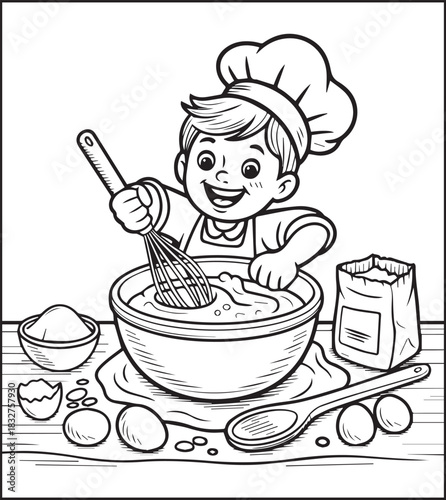 A cute chef making food in the kitchen black vector outline for children coloring page design traditional cooking book