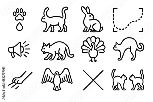 Animal Communication Icons. Territorial & Social Signals linear icon set: scent mark symbol, tail raise, alert ears, boundary path, warning call icon, posture shift, feather