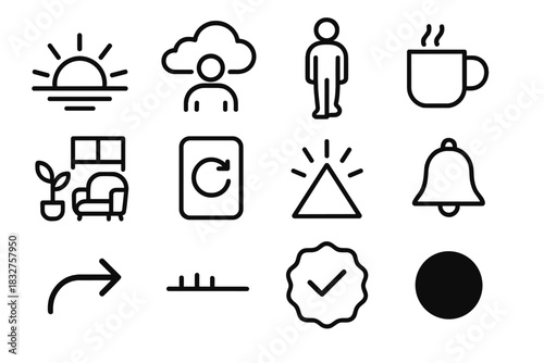 Mindful Morning Icons. Calm Morning Start Symbols linear icon set: sunrise glow icon, grounding breath cloud, slow-rise posture figure, mindful sip mug, peaceful room cue