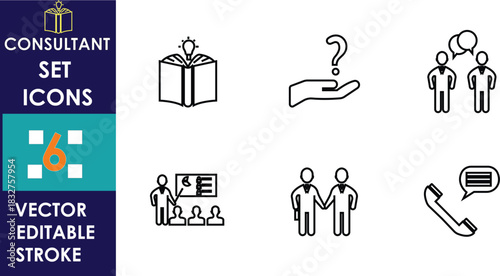 A clean, minimal consultant-themed vector icon set featuring symbols of guidance, communication, teamwork, training, support, and professional interaction in editable stroke style