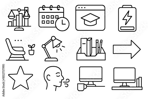 Academic Balance Icons. Academic Balance Set linear icon set: workload chart, routine planner, focus window, energy gauge, restorative pause, study-light lamp, organized tray