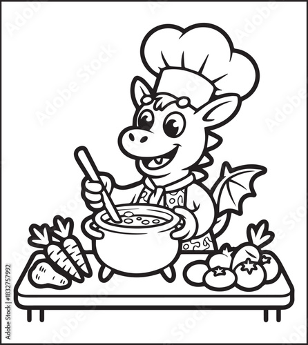 A cute dragon chef making food in the kitchen black vector outline for children coloring page design traditional cooking book