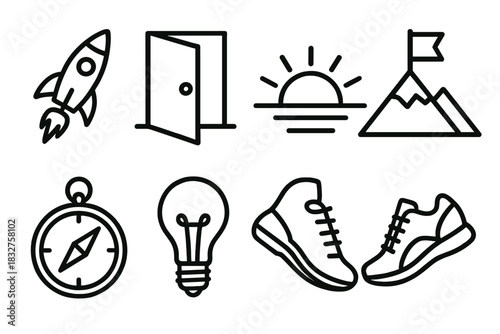 Journey to Success Symbols. Courage to Start linear icon set: rocket launch, open door, sunrise, mountain peak, flag, compass, lightbulb, running shoes