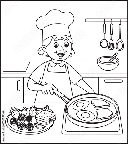 A cute chef making food in the kitchen black vector outline for children coloring page design traditional cooking book