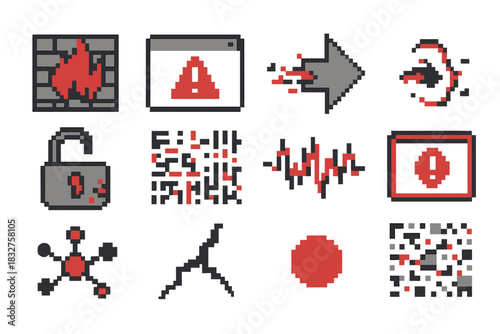 Digital Intrusion Icons. Digital Intrusion Icons pixel style icon set: breached firewall grid, warning pop-up, unauthorized access arrow, glitch signal, broken lock icon, intrusion