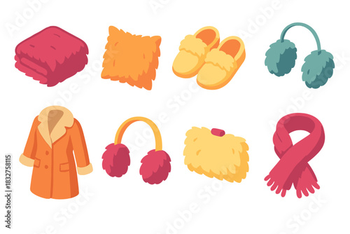 Cozy Fur Icon Set. Cozy Fur Touches flat icon set: fur blanket, fur pillow, fur slippers, hand muff, wool coat, earmuffs, fuzzy clutch, warm shawl