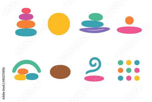 Vibrant Zen Symbols. Zen stones symbols flat icon set: balanced stack, circular pebble, harmony wave, stillness dot, gentle arc, grounding stone, breath symbol, quiet pattern