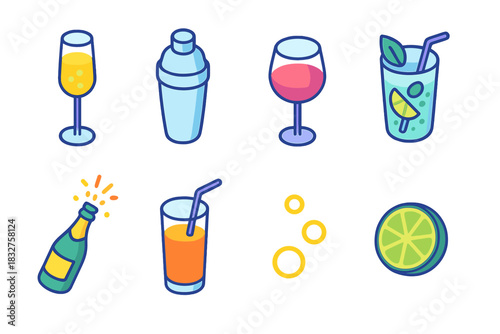 Festive Drink Icons. Festive Drinks Icons flat icon set: champagne flute, cocktail shaker, wine glass, mojito cup, bottle popping, glass with straw, bubbles, lime slice