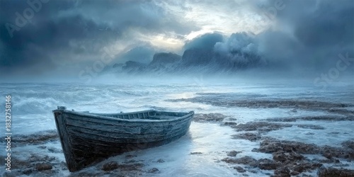 Fototapeta Naklejka Na Ścianę i Meble -  Abandoned Wooden Rowboat on a Stormy Seascape, Capturing the Melancholy of Coastal Erosion