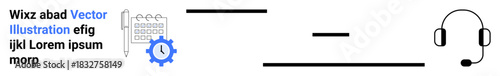 Business productivity, time management, customer support, technical services, organization system, technology integration. Calendar with gear, headset and text elements. Time management and customer