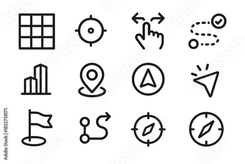 Virtual Navigation Icons. Virtual Pathfinding Symbols linear icon set: grid map, coordinate dot, directional swipe, gesture arrow, route checkpoint, digital landmark, navigation