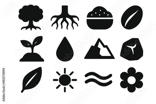 Bold Nature Icons Set. Nature Roots silhouette icon set. tree, root system, soil, seed, sprout, droplet, mountain, rock, leaf, sun, river, flower. , .