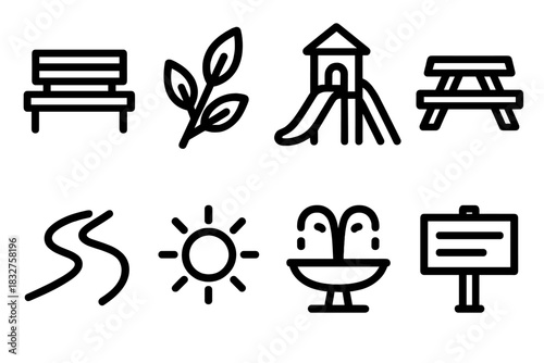 Community Icons Essentials. Recreational Community Spaces Essentials linear icon set: park bench, tree sprig, playground slide, picnic table, walking path, sun disk, water fountain