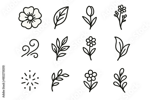 Floral Icon Set. Floral Nature Collection linear icon set: open blossom, delicate petal, leaf vein, sprouting bud, wildflower stem, soft fragrance swirl, garden branch, tiny bloom