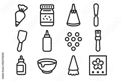 Baking Decorating Tools. Decorating Tools linear icon set. icing bag, sprinkle jar, frosting tip, palette knife, spatula, squeeze bottle, sugar pearls, brush, food coloring, glaze