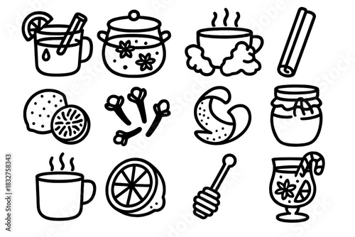 Cozy Spice Icons. Cozy Spice Flavors linear icon set: hot toddy, mulled wine pot, ginger tea, cinnamon stick, nutmeg, cloves, orange peel, honey jar, steam mug, lemon slice, wooden