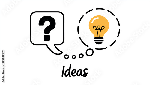 Black question mark in speech bubble next to yellow light bulb with dashed circle and word Ideas thinking
