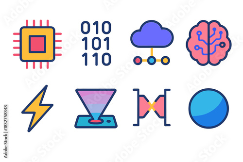 Futuristic Tech Icons. Next-Gen Computing flat icon set: processor, binary code, cloud network, AI brain, lightning bolt, holographic screen, quantum gate, sphere