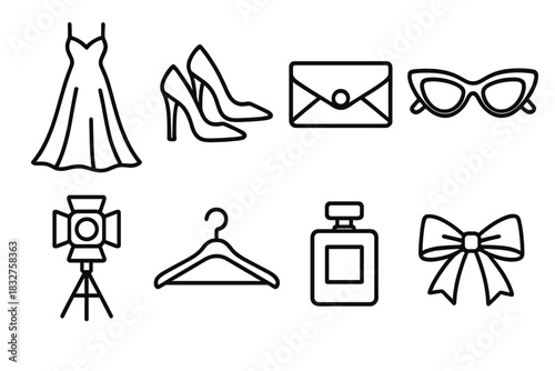 Chic Fashion Icons. High Fashion Collection linear icon set. gown, heels, clutch, sunglasses, spotlight, hanger, perfume, ribbon.