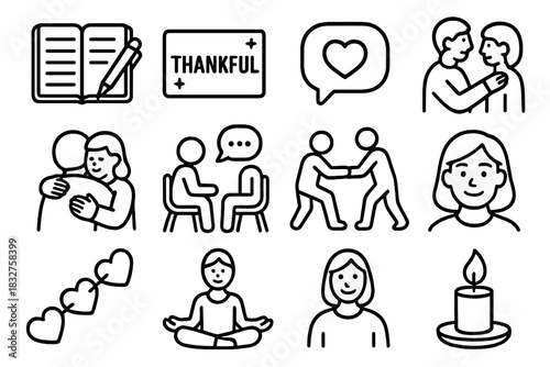 Practicing Daily Empathy Icons. Practicing Empathy Daily linear icon set: journal reflection, gratitude card, supportive text, friendly gesture, comforting hug, calm conversation