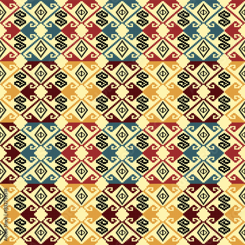 Traditional Thai Geometric Pattern Background with Retro Diamond Motifs, Seamless Ethnic Textile Design, Asian Tribal Ornament, Vintage Fabric Wallpaper, Cultural Decorative Vector for Fashion, Home 