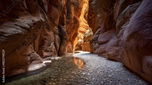 Narrow red sandstone slot canyon walls curving gracefully in southern Utah, sunlight piercing from above to illuminate swirling striations and shallow clear pools