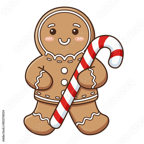 Gingerbread boy holding a red and white striped candy cane
